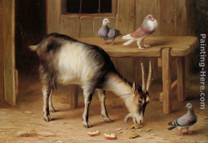 Edgar Hunt A Goat and Pigeons In a Farmyard